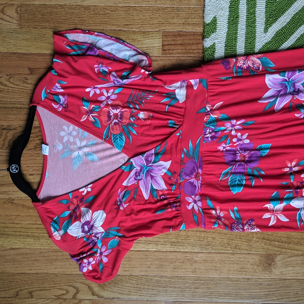Old Navy | Red Teal Purple Tropical Floral Maxi Dress Bell Sleeve